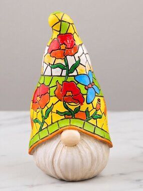 Gerson Mosaic Garden Gnome Figurine – Floral & Butterfly Hat Decor – Colorful 6"